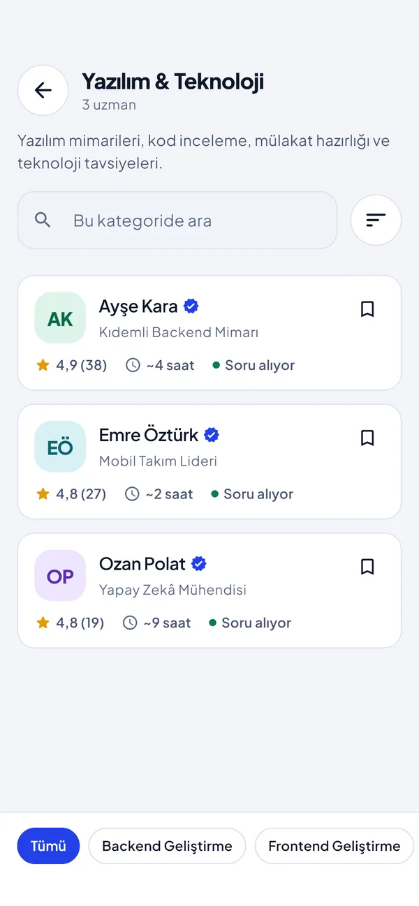 Yazılım ve Teknoloji kategorisi: koç listesi, puanlar ve yanıt süreleri